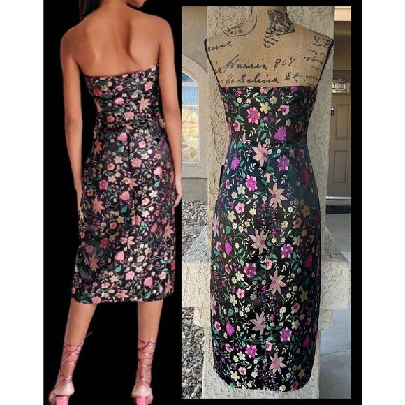 Lulus Make a Move Black Satin Floral Jacquard Strapless Midi Dress Size L - Picture 4 of 13